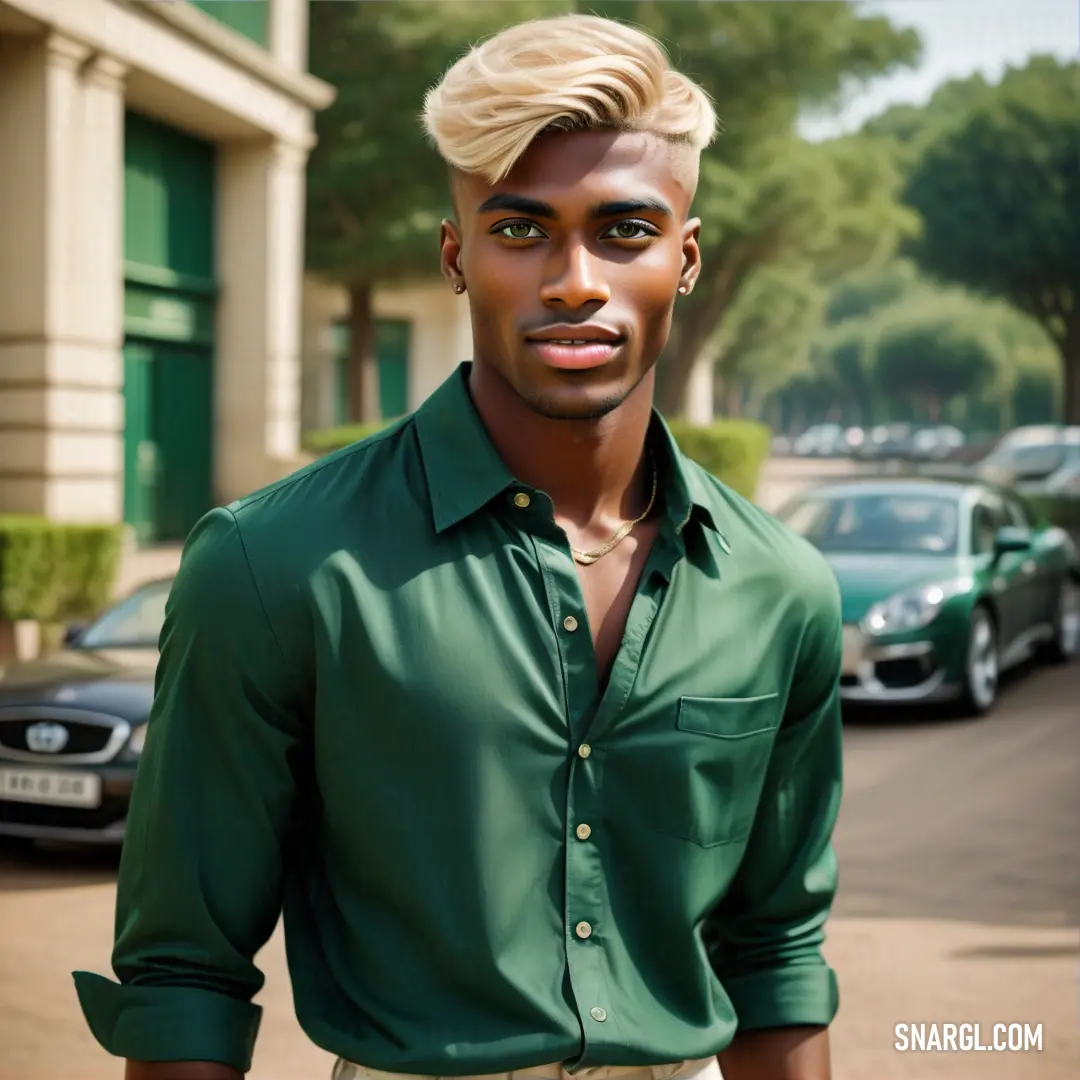 Man in a green shirt standing in front of a building with cars parked on the street behind him