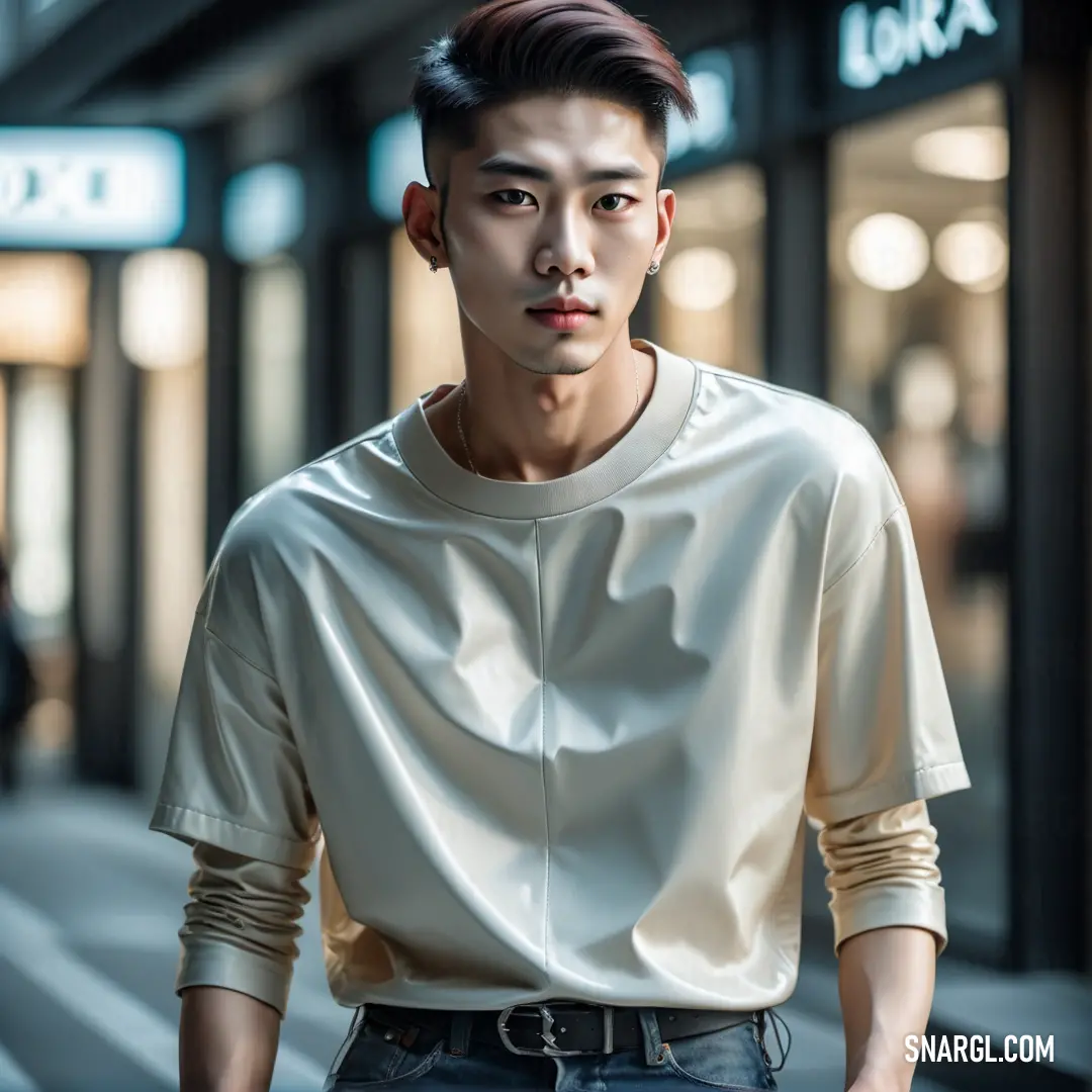 Man standing on a street corner wearing a white shirt and jeans with a black belt around his waist