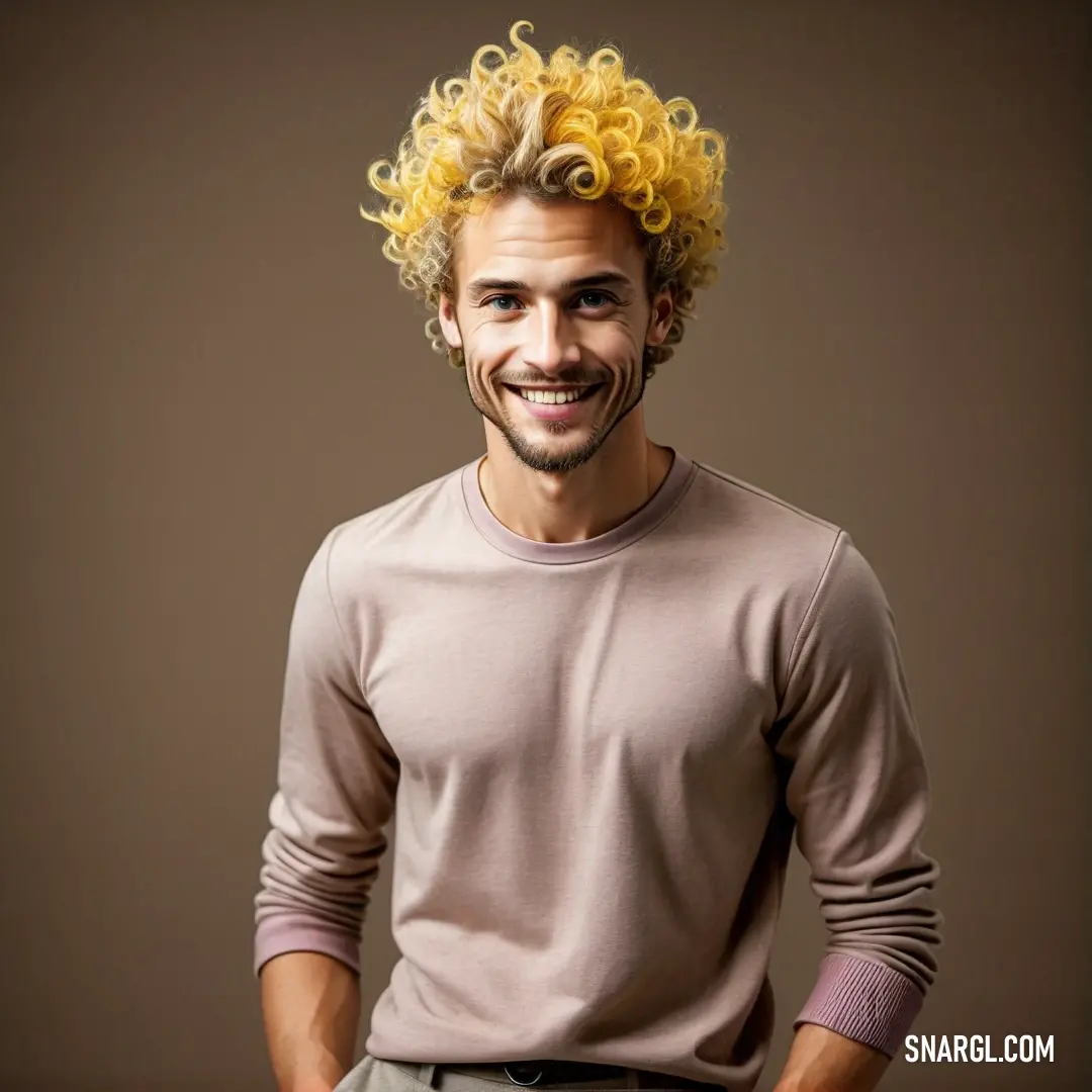 Man with a yellow wig and a smile on his face