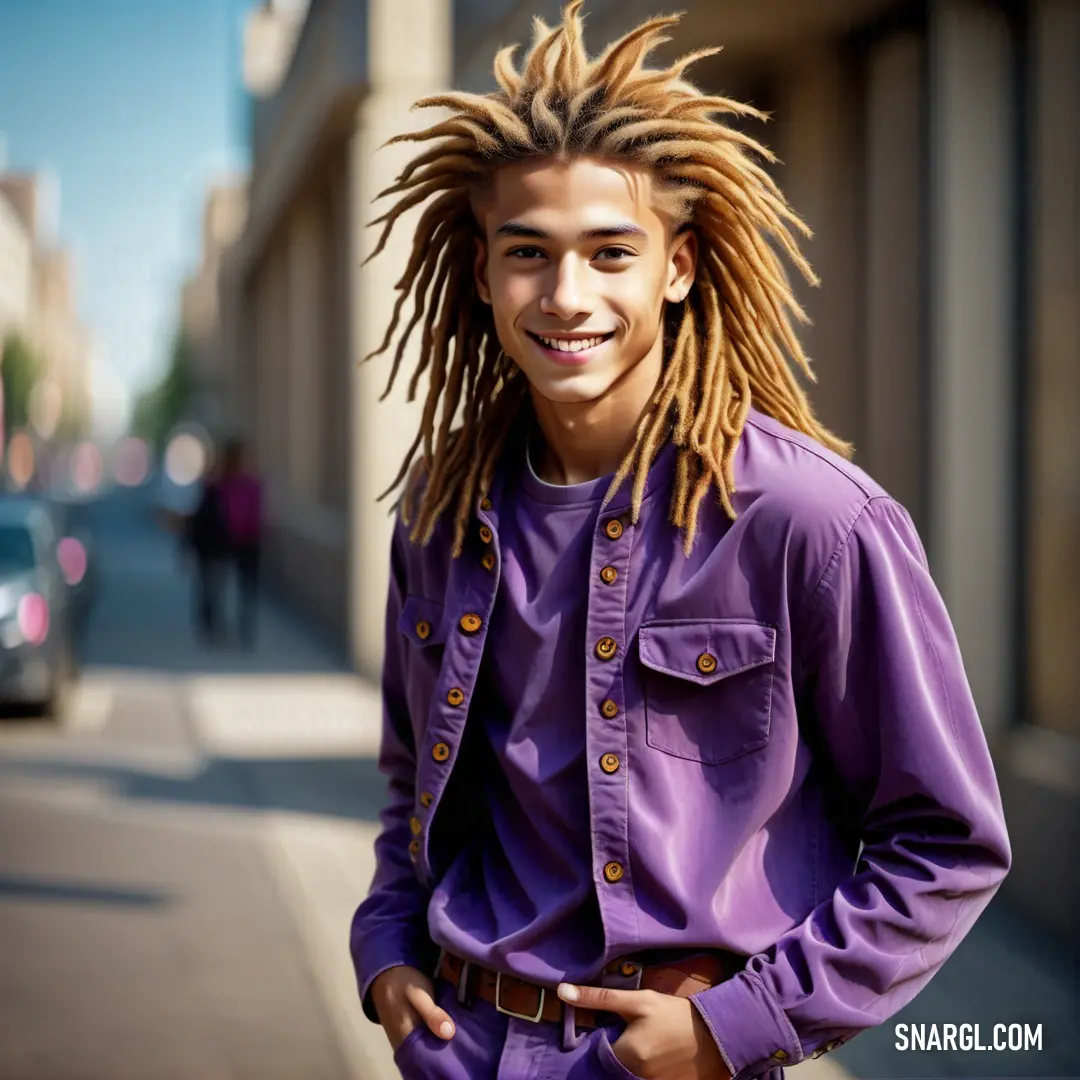 Man with dreadlocks standing on a sidewalk in front of a building with a car parked on the side of the street