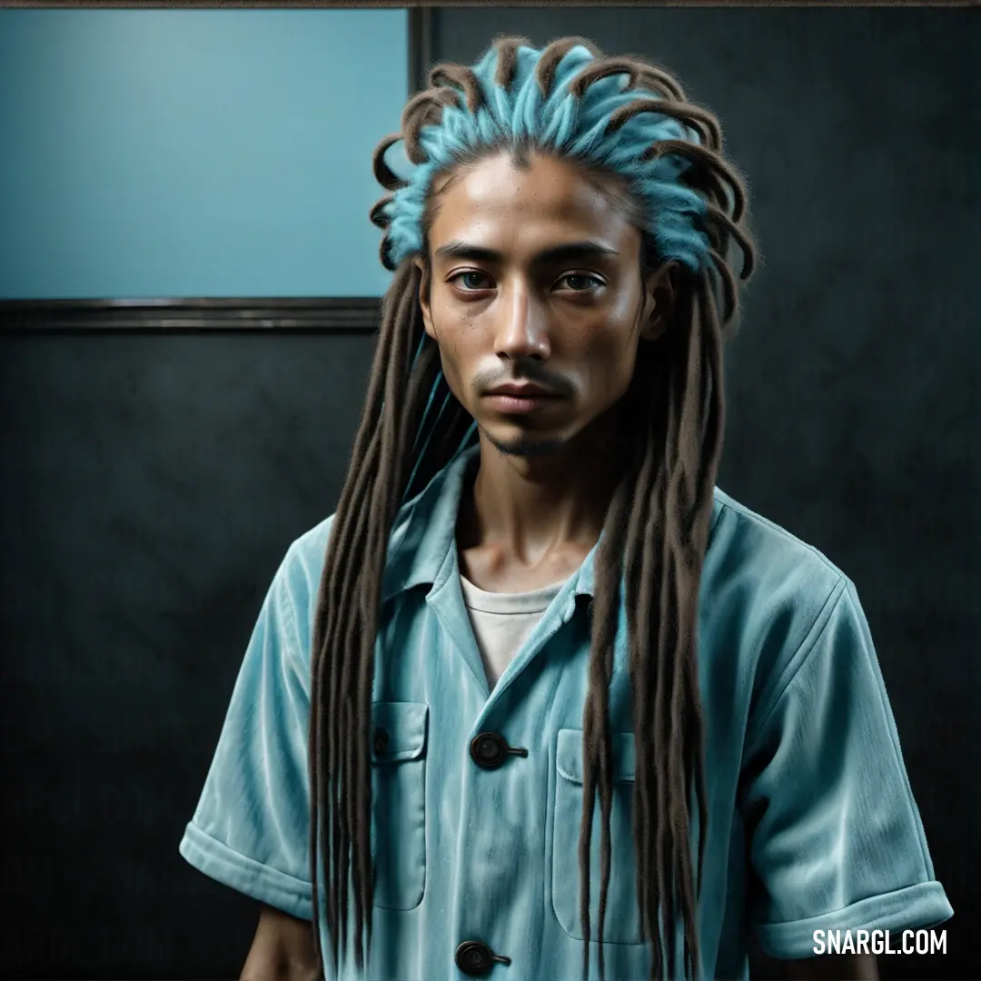 Man with long dreadlocks and a blue shirt is standing in front of a mirror with his head turned to the side
