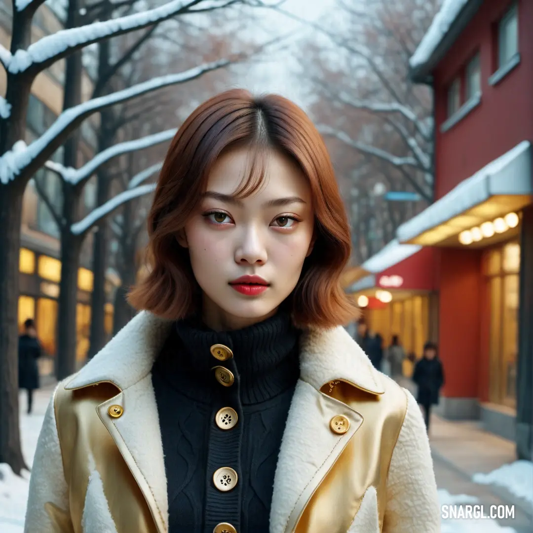 Woman in a coat standing on a snowy street in front of a building with a red door