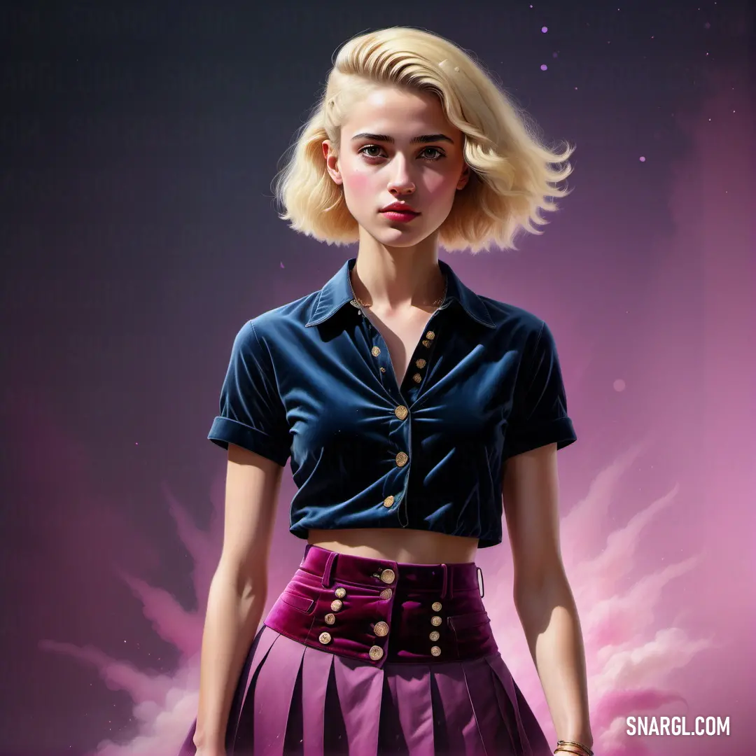 Woman in a purple skirt and a blue shirt with a pink background