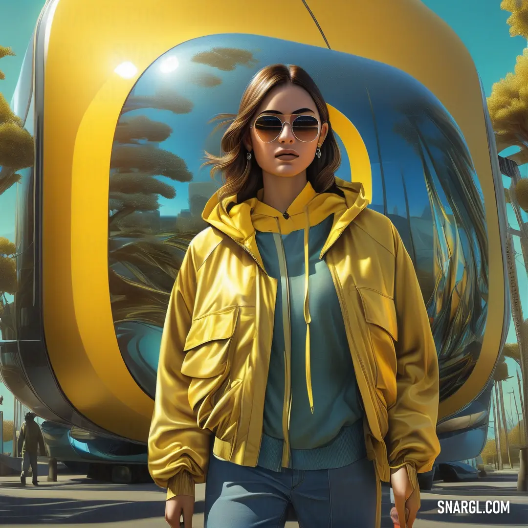 Woman in a yellow jacket and sunglasses walking in front of a giant object