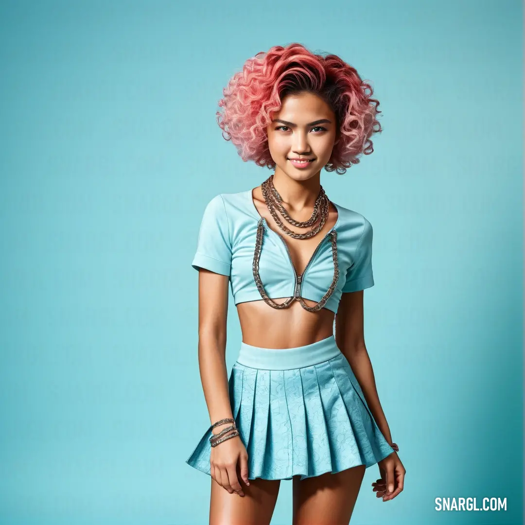 Woman with pink hair and a blue top posing for a picture