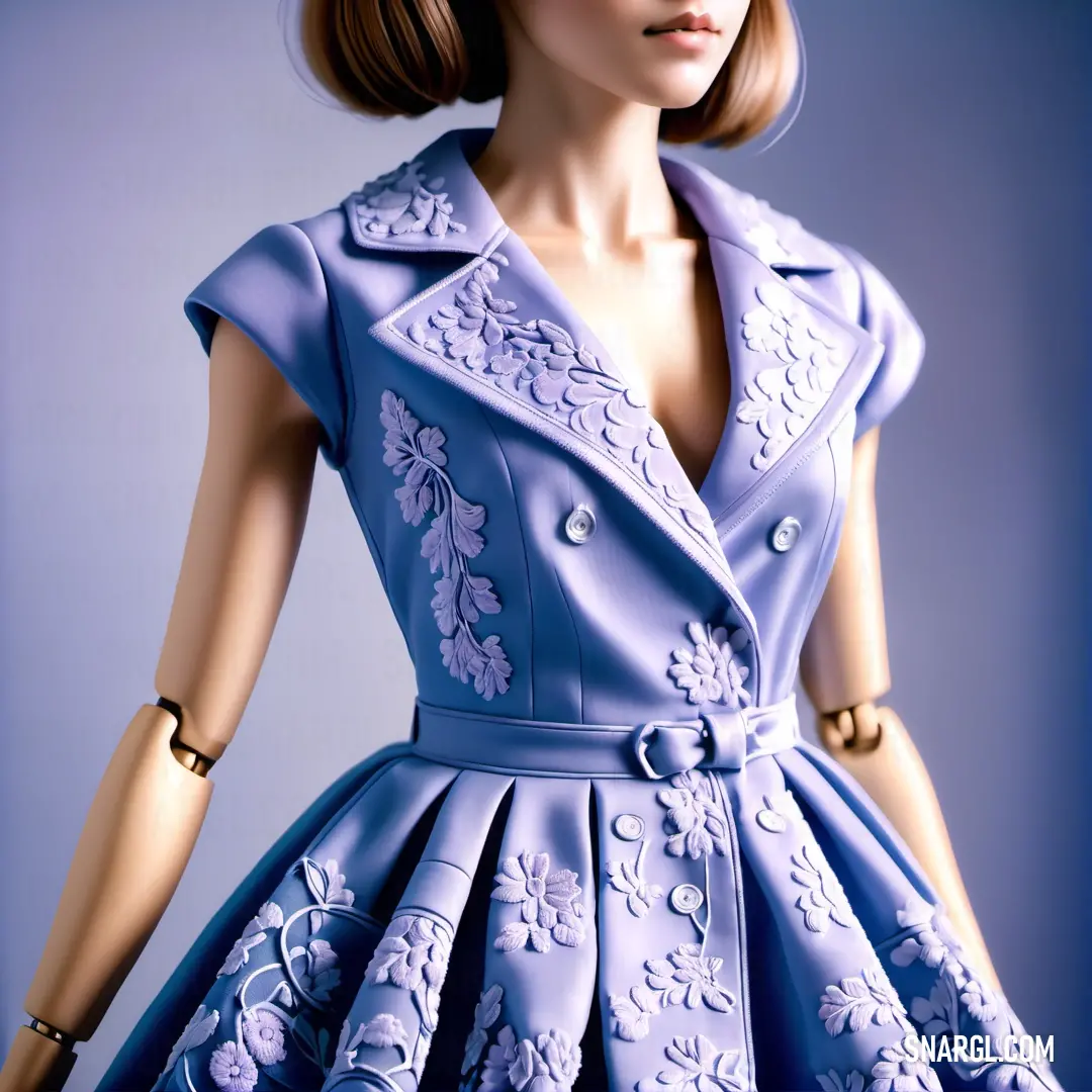 Doll is wearing a blue dress and a hat with a flower pattern on it's head and a black bracelet