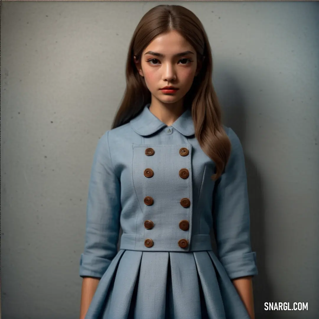 Girl in a blue dress and a coat with buttons on it is standing in front of a wall