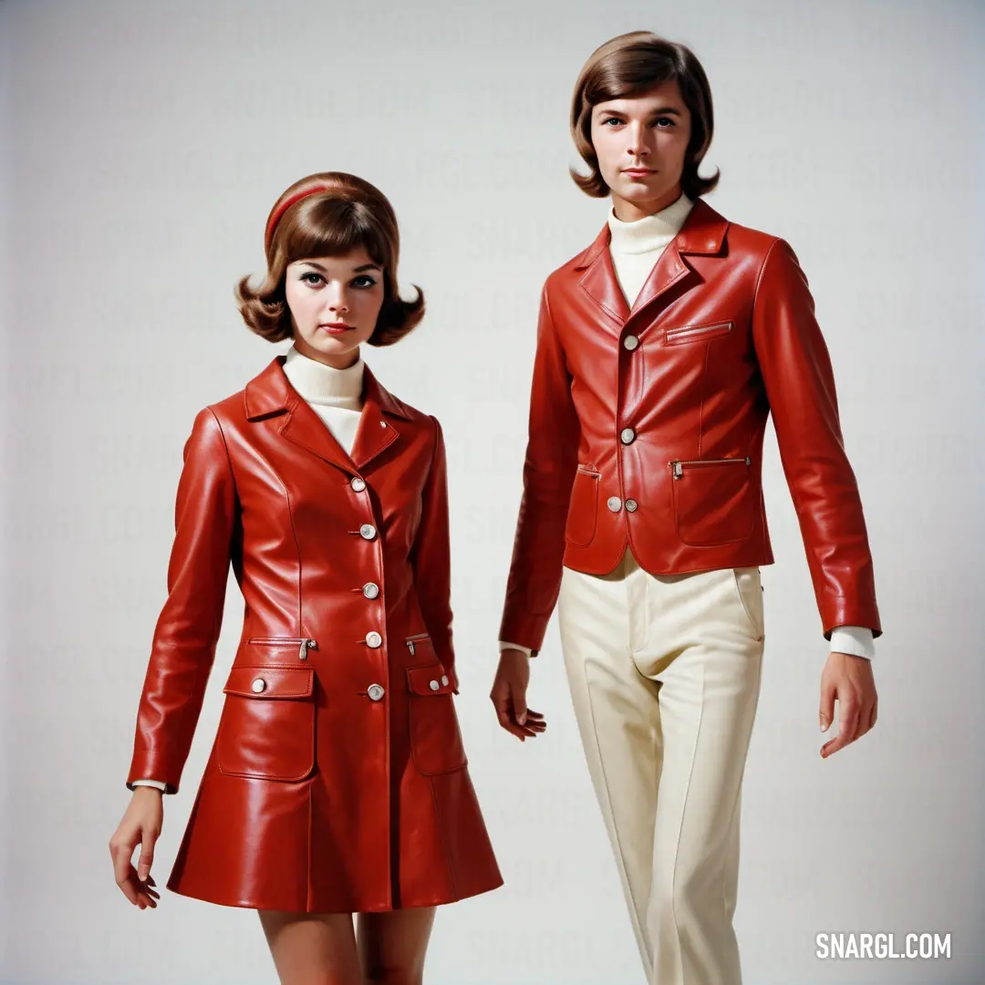 Man and a woman in red leather jackets and white pants walking down a runway together