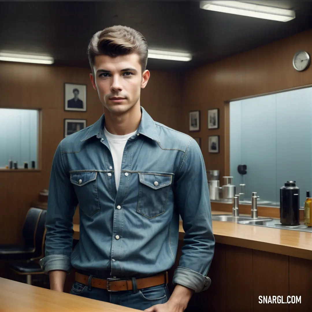 Man standing in a room with a wooden counter top and a mirror behind him