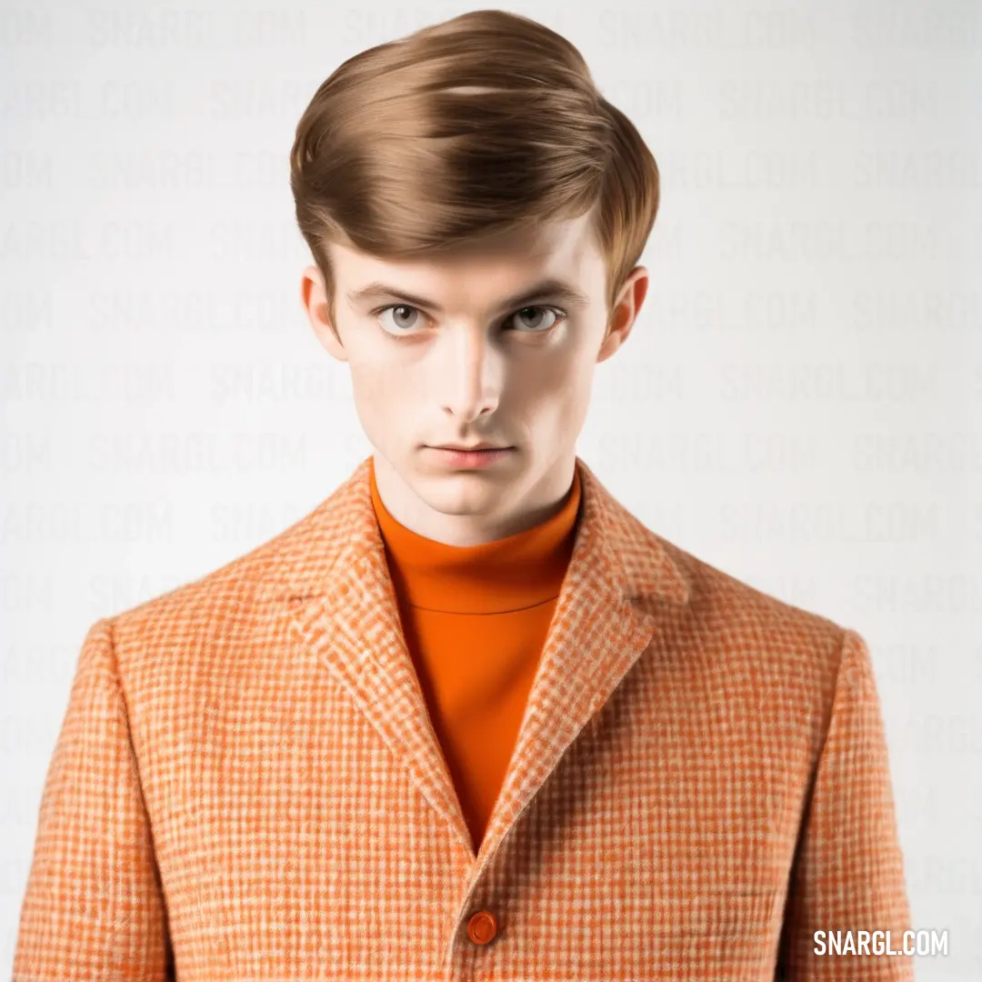 Man with a short haircut wearing an orange sweater and jacket with a turtle neck sweater on his shoulders