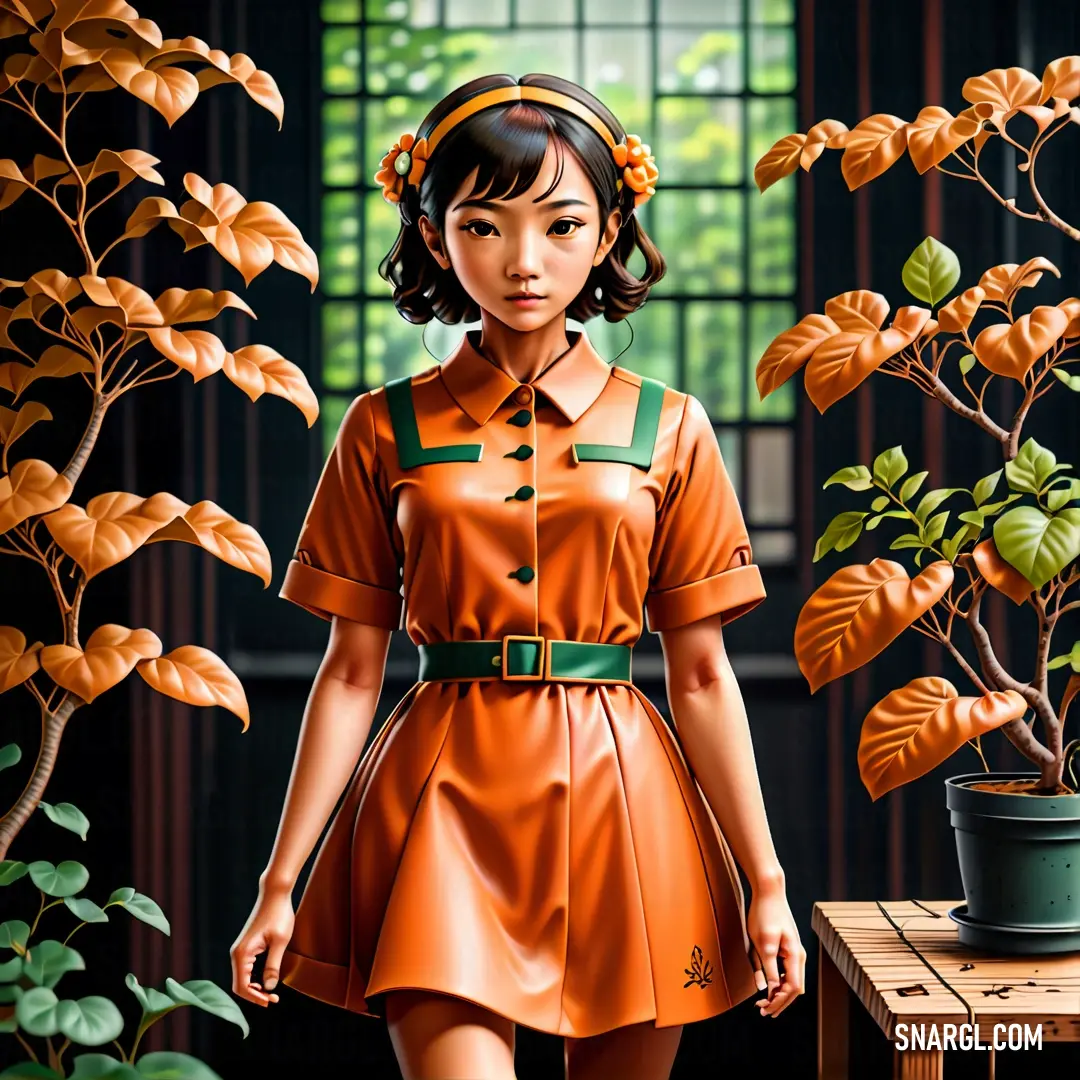 Painting of a woman in an orange dress walking towards a potted plant with a green ribbon around her neck
