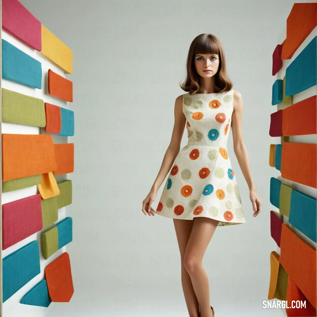 Woman in a dress is standing in front of a wall with colorful squares on it and a white background