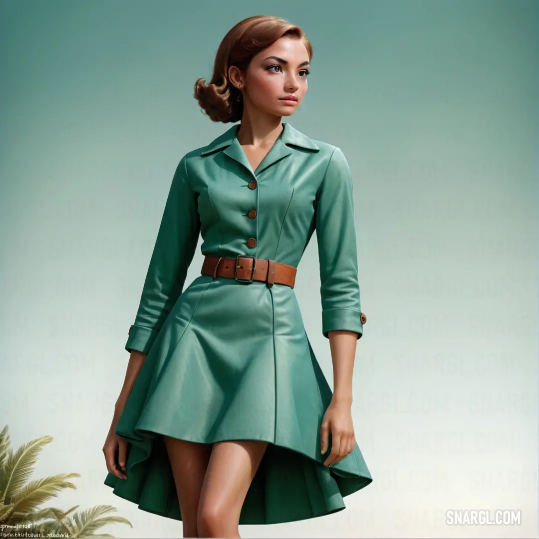 Woman in a green dress and a brown belted belted dress and a palm tree in the background