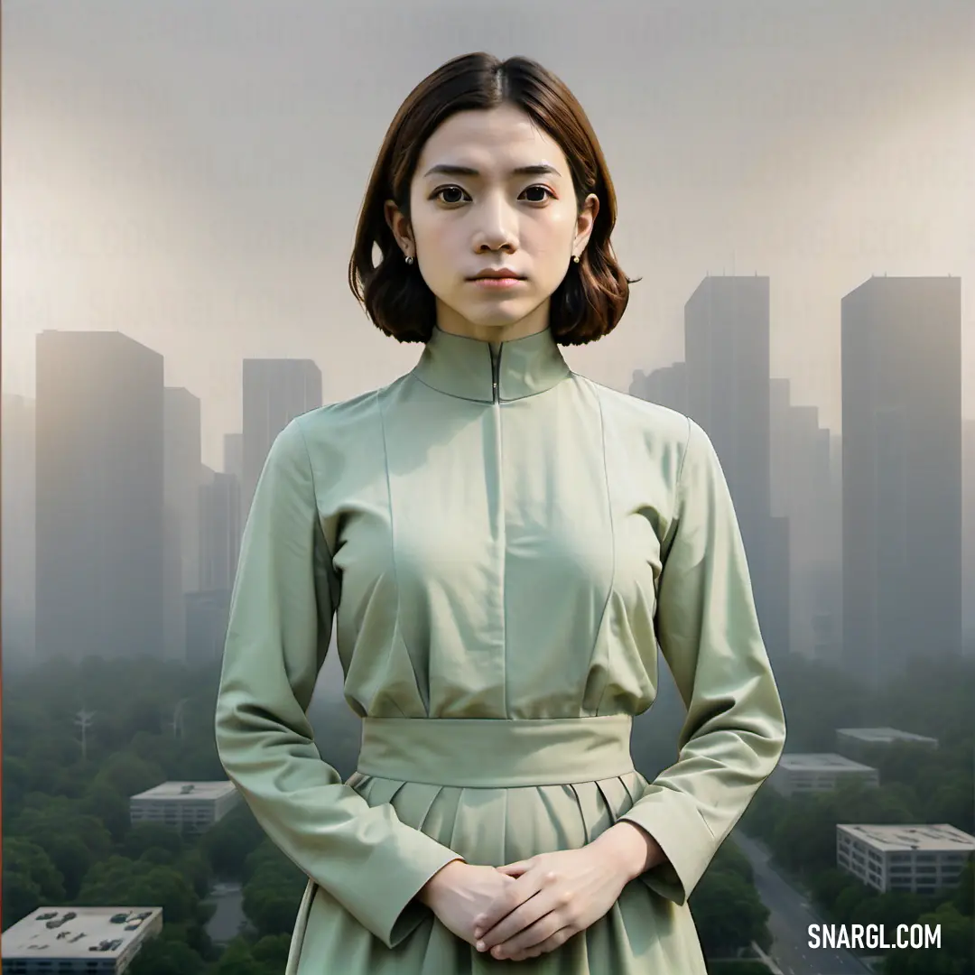 Woman in a green dress standing in front of a cityscape with a skyscraper in the background