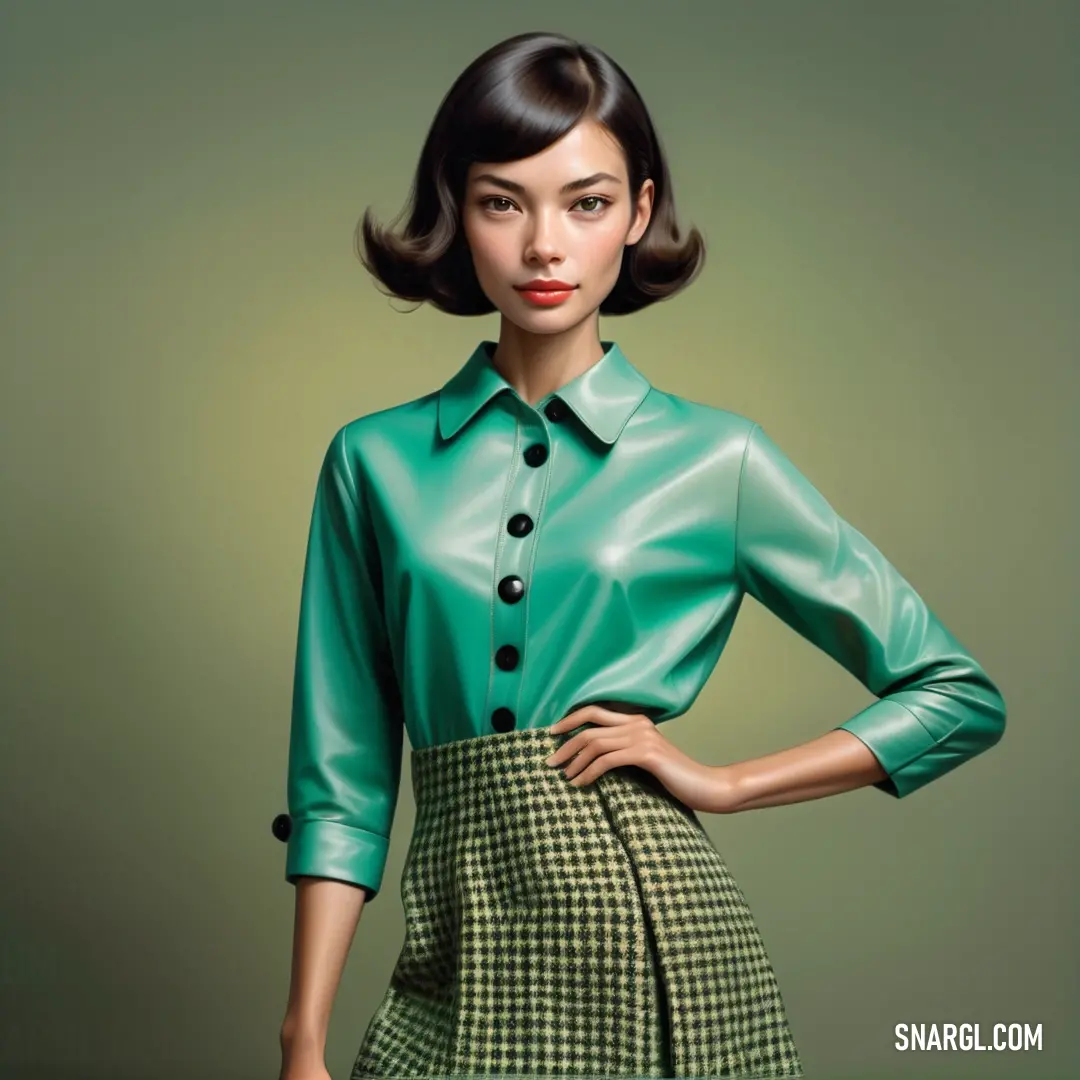 Woman in a green shirt and plaid skirt posing for a picture with her hands on her hips