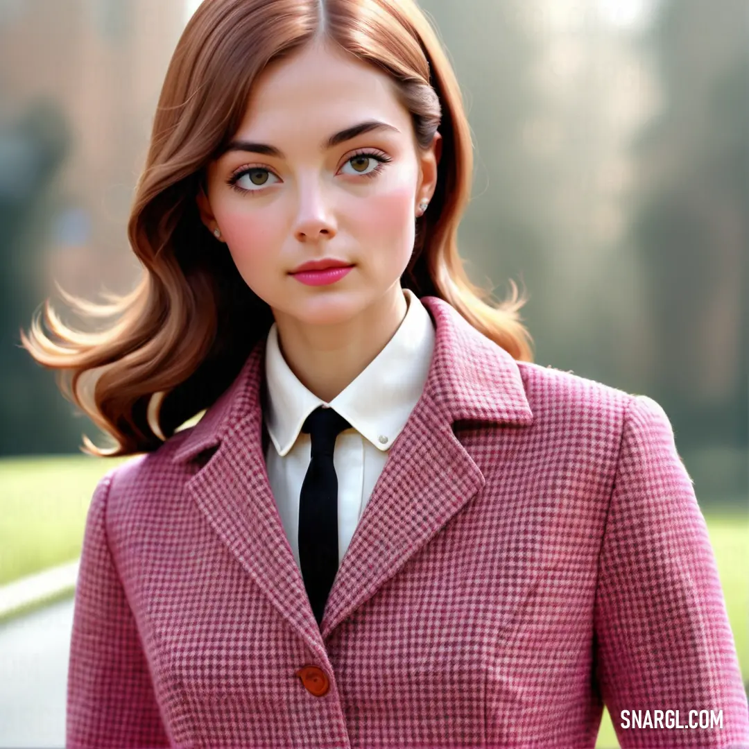 Woman in a suit and tie is standing outside in the sun with her hair blowing in the wind