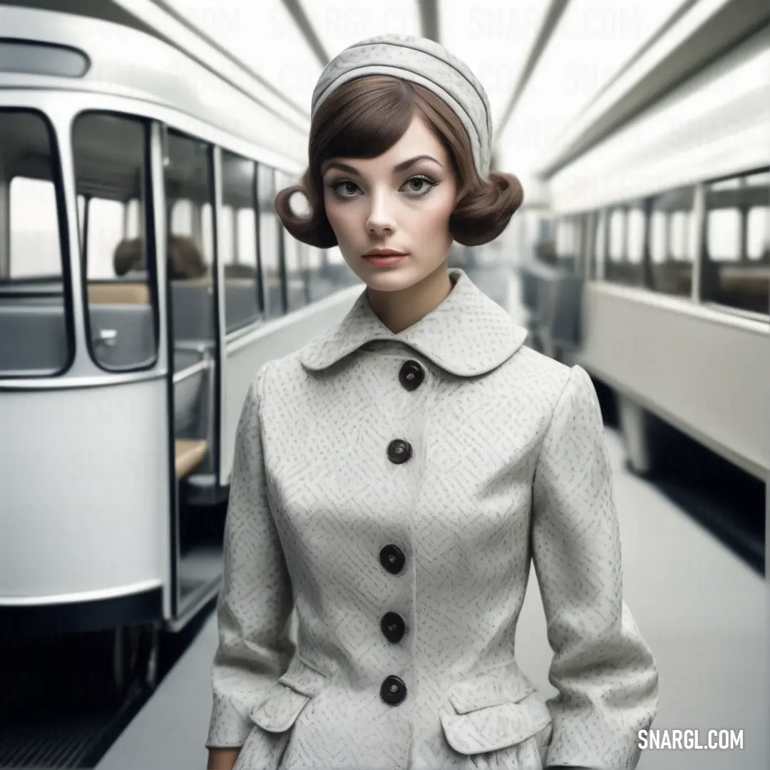 Woman in a white coat and a train in the background