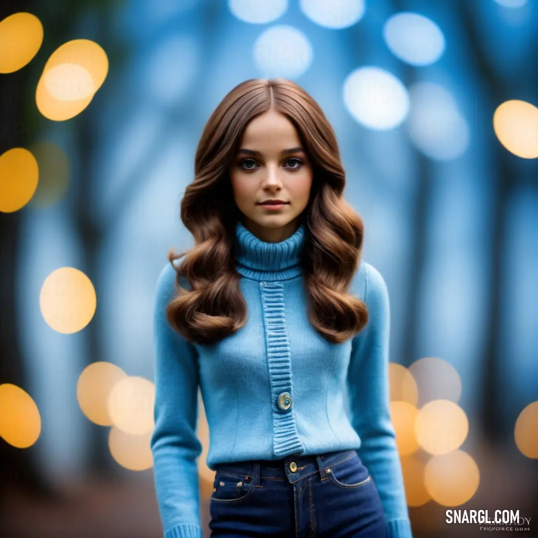 Doll is posed in a blue sweater and jeans