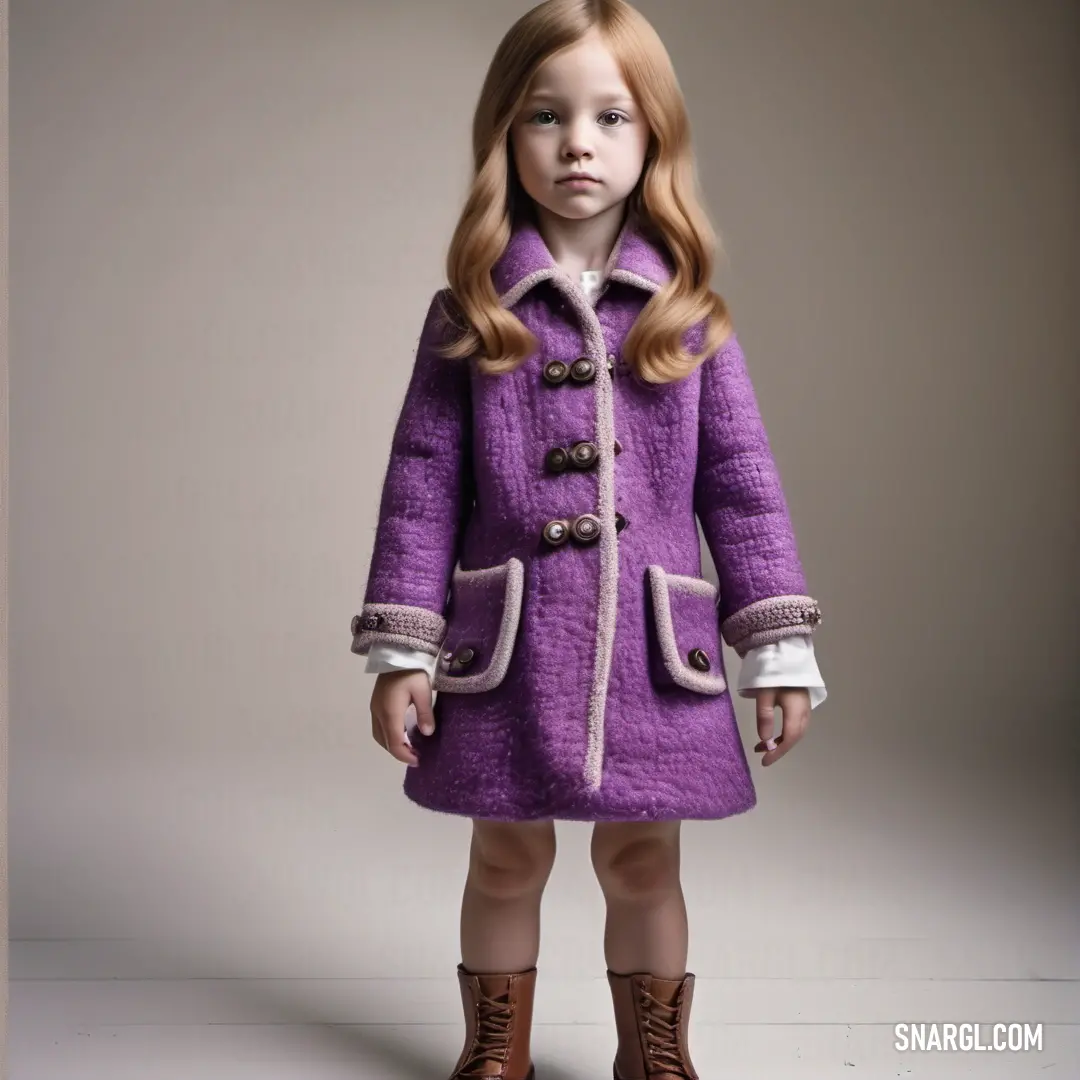 Little girl in a purple coat and boots standing in a studio photo with a white background