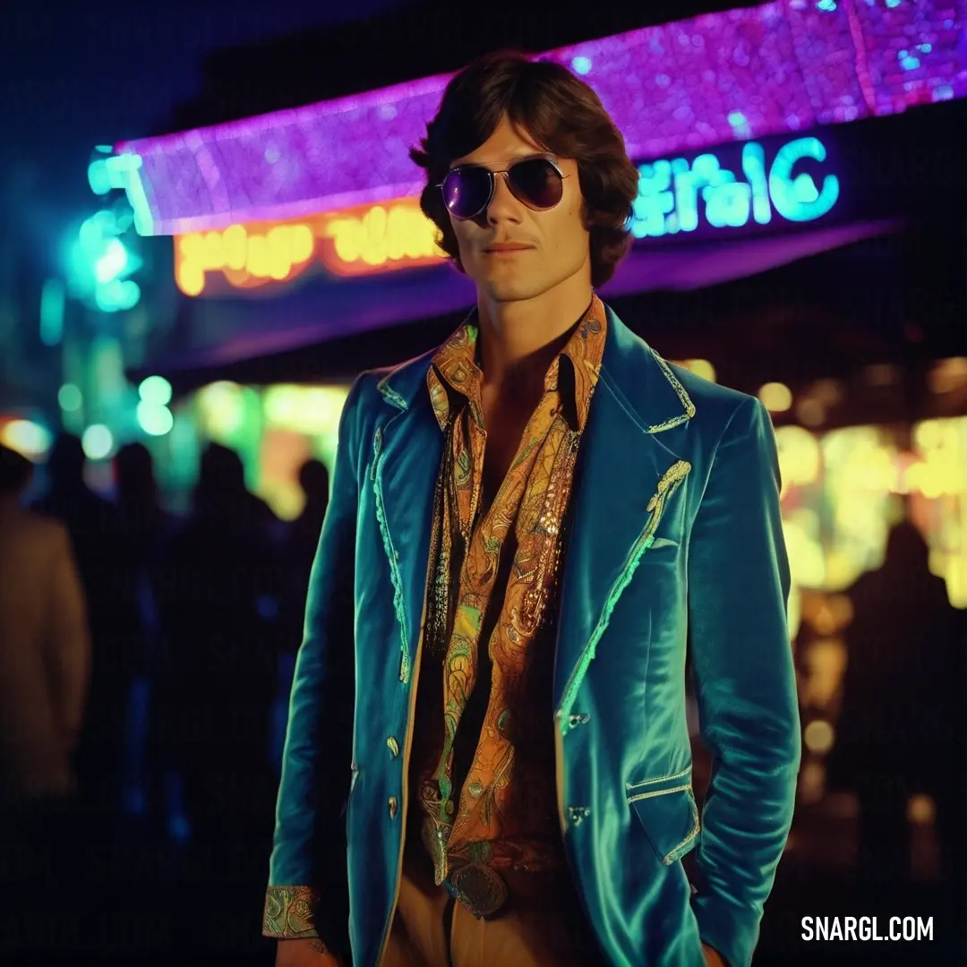 Man in a blue jacket and sunglasses standing in front of a neon sign at night time with his hands in his pockets