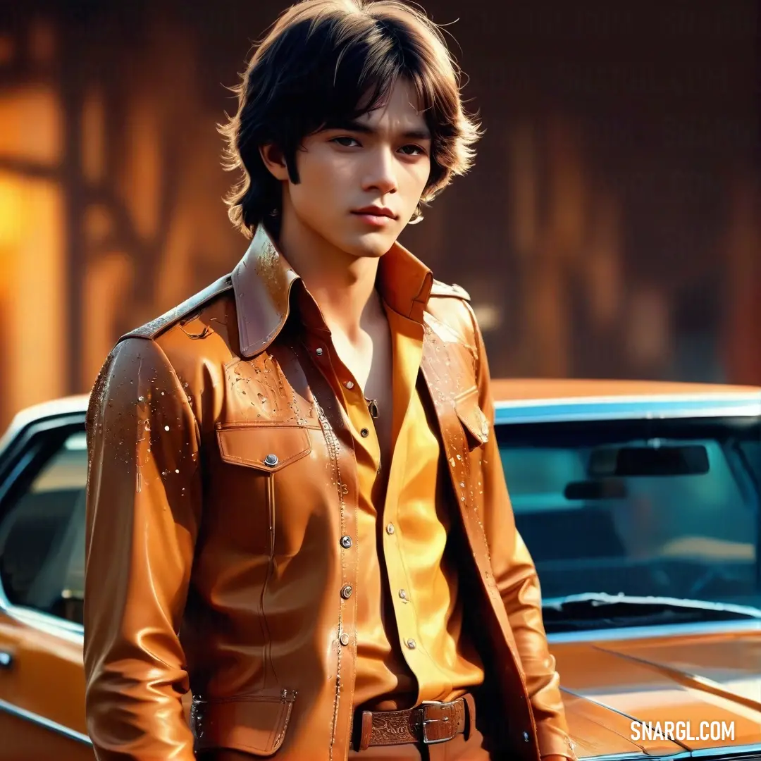 Man in a brown leather jacket standing next to a car in a city street