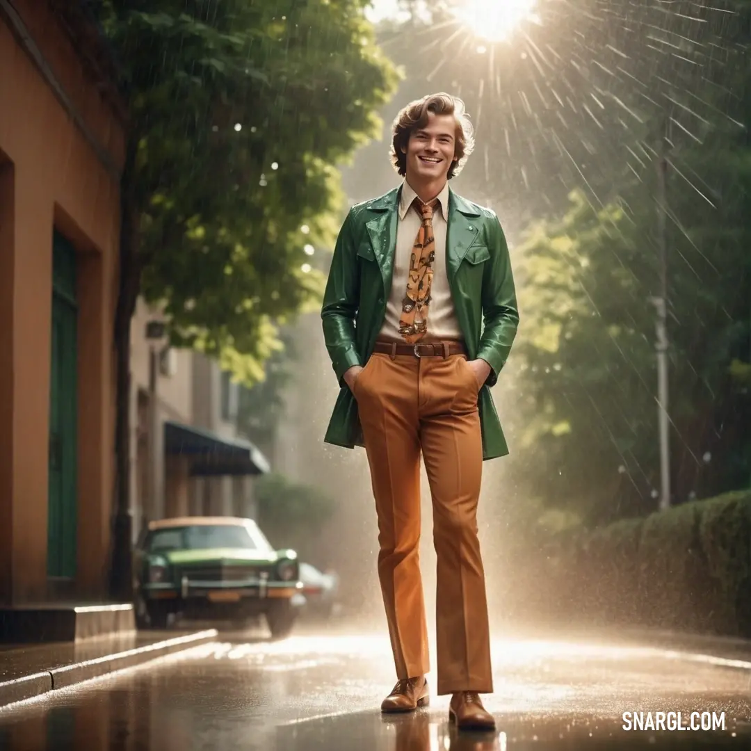 Man in a green jacket and tie standing on a wet street in the rain with his hands in his pockets