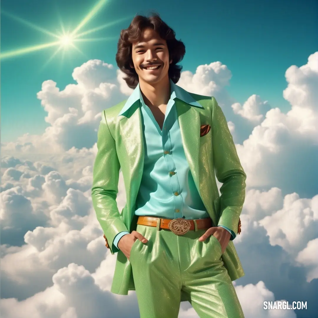 Man in a green suit standing in the clouds with his hands on his hips and smiling at the camera
