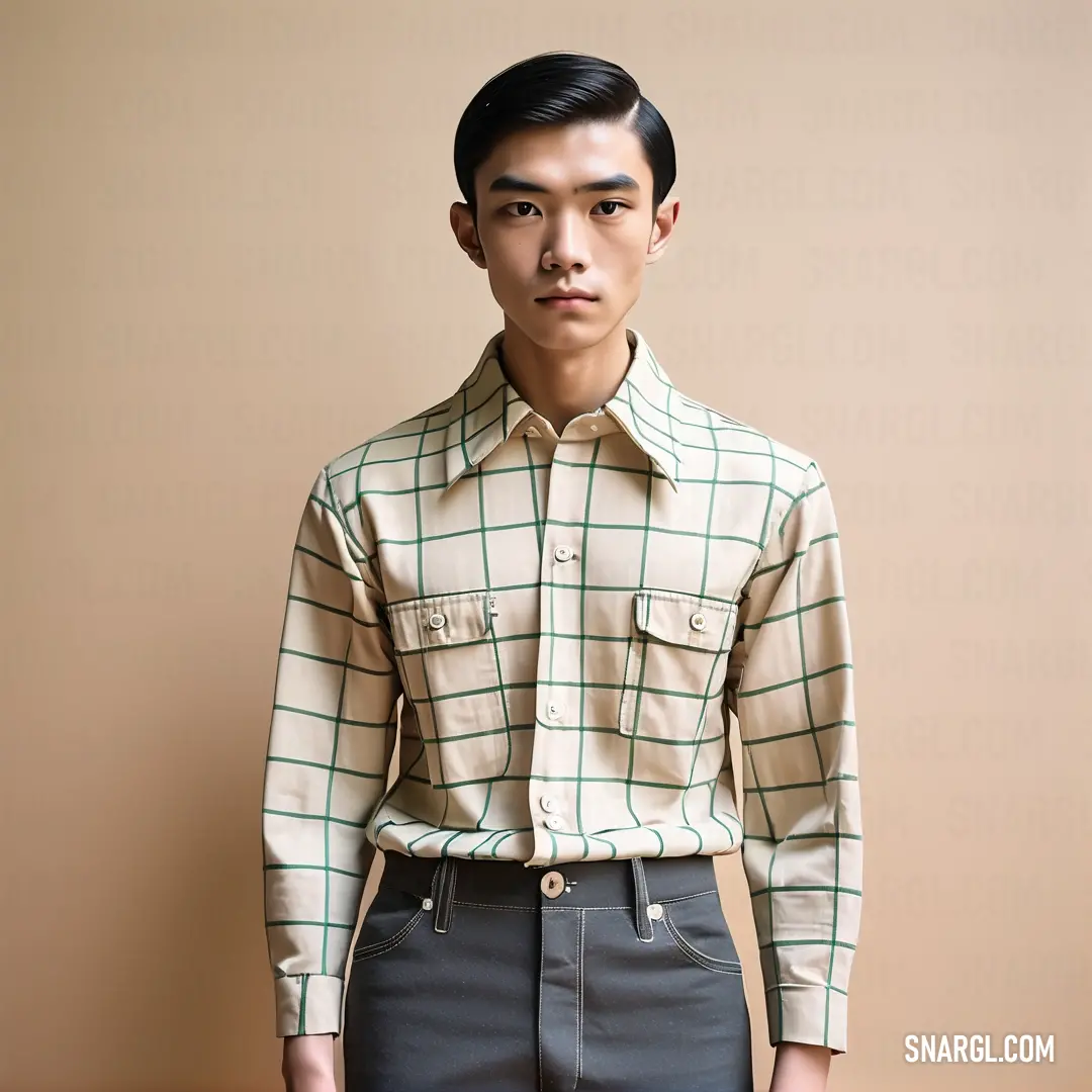 Man in a shirt and pants standing in front of a wall with a brown background