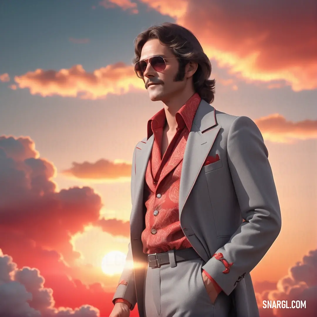 Man in a suit and sunglasses standing in front of a sunset with clouds and a sky background