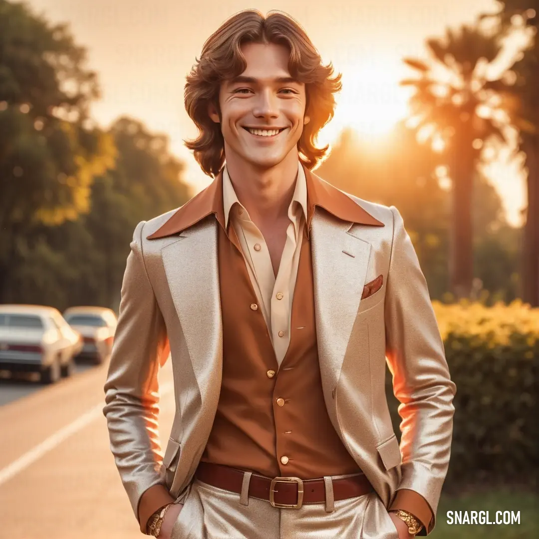 Man in a suit standing on a street with his hands in his pockets and smiling at the camera