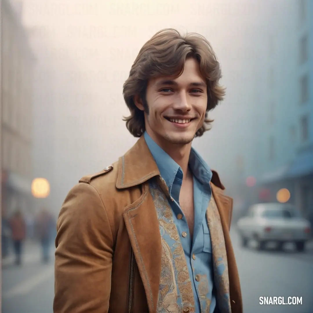 Man in a tan jacket smiles at the camera while standing on a street corner in the foggy day