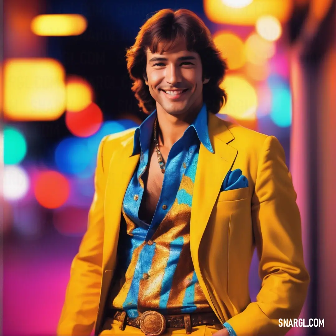 Man in a yellow jacket and blue shirt smiling at the camera with his hands in his pockets