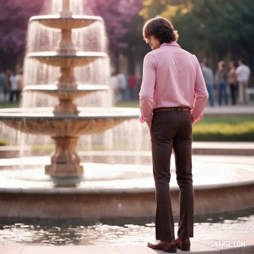 Man standing in front of a fountain with a pink shirt on and brown pants on