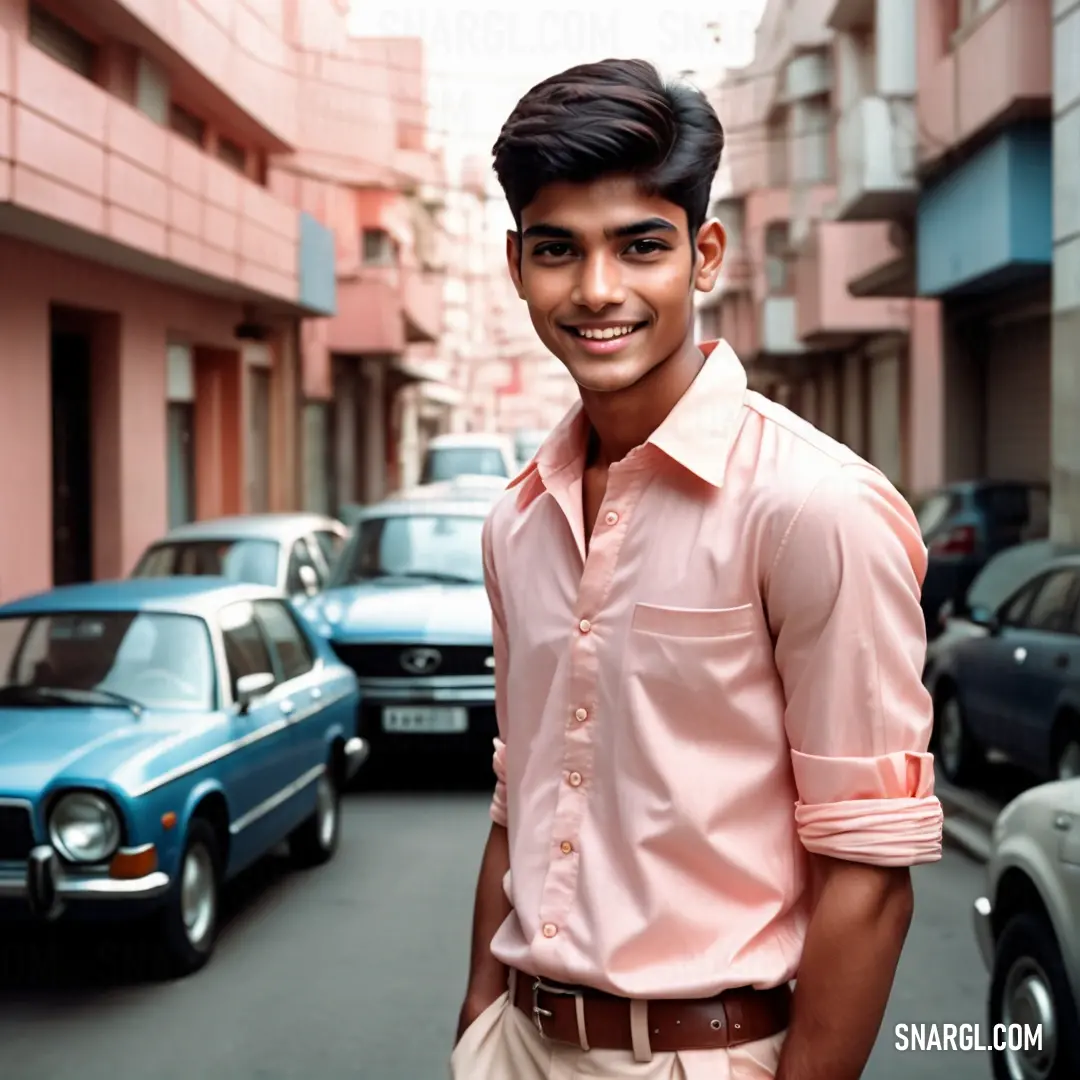 Man standing in front of a row of parked cars on a street next to a building with a pink shirt on