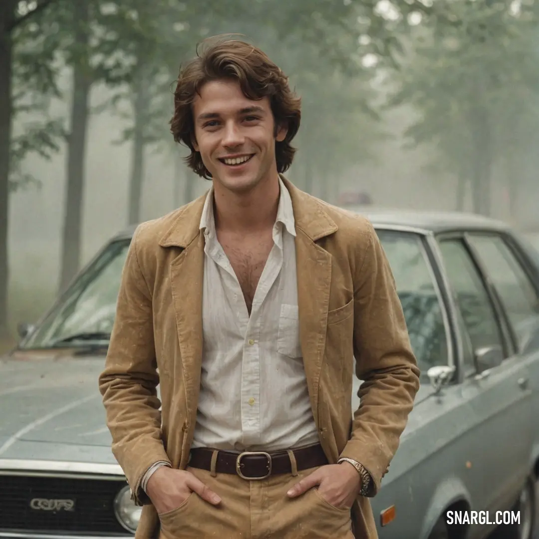 Man standing in front of a car in the rain wearing a tan jacket and tan pants and a white shirt