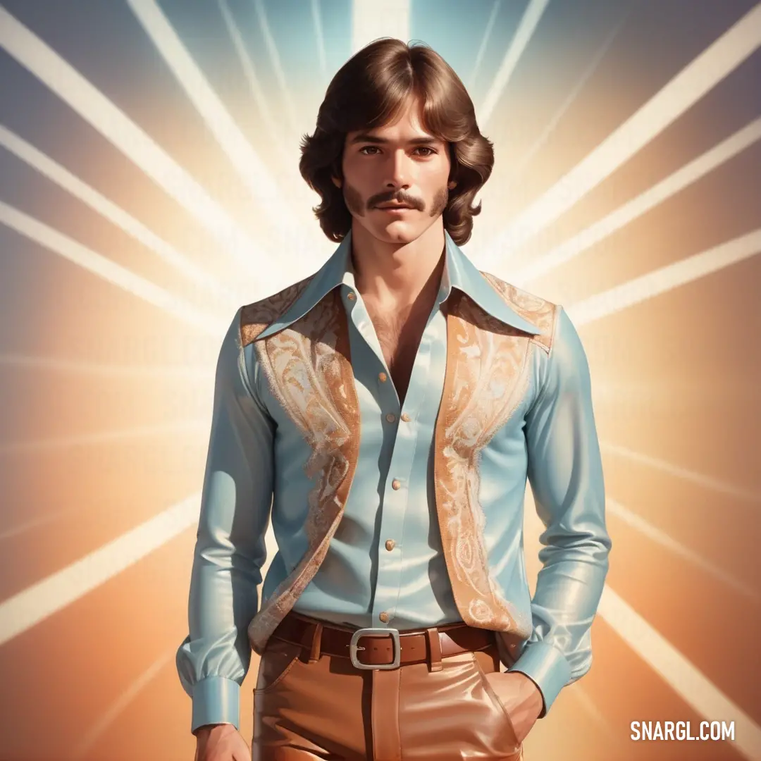 Man with a mustache and a shirt on is standing in front of a sun burst background