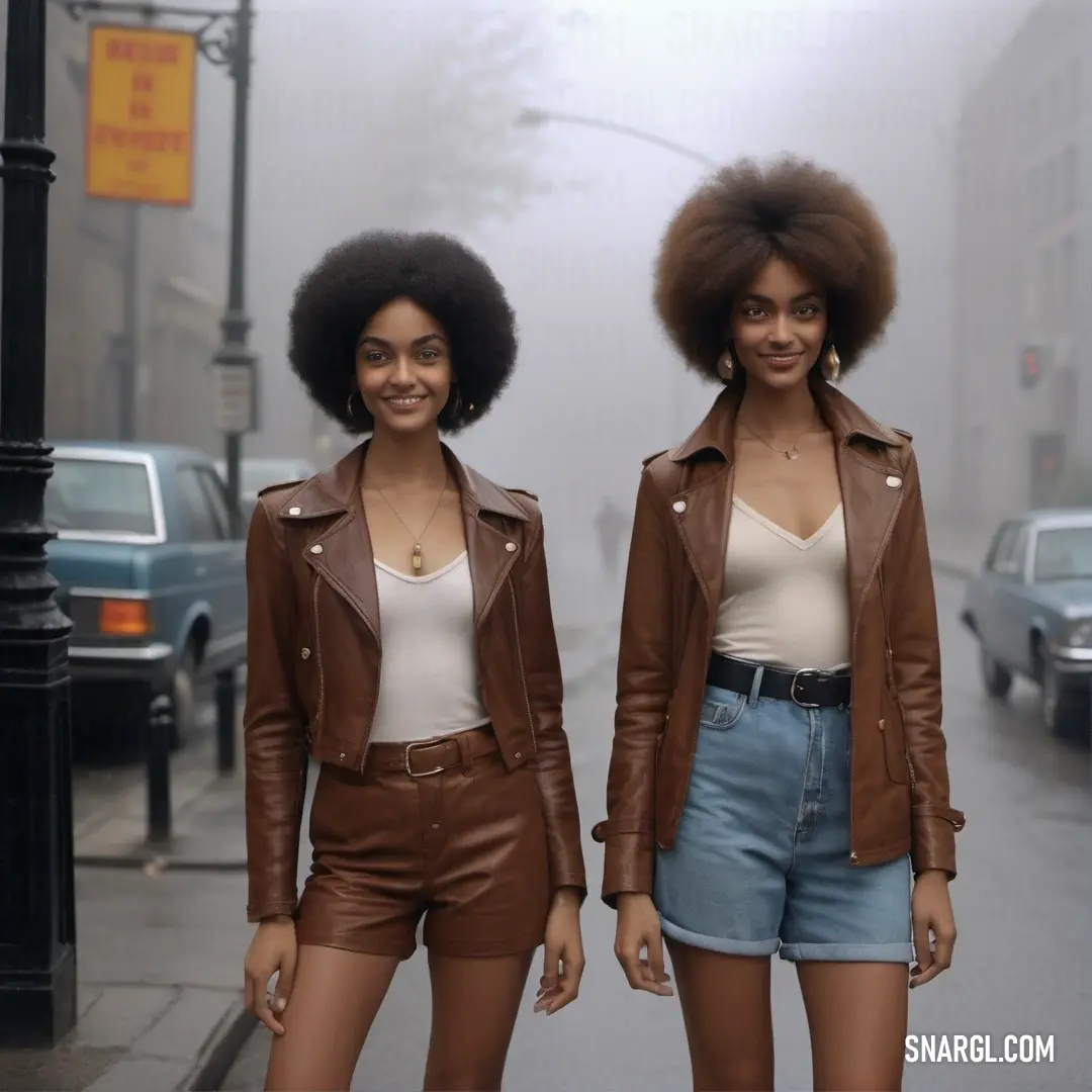 Two women standing on a street with cars in the background