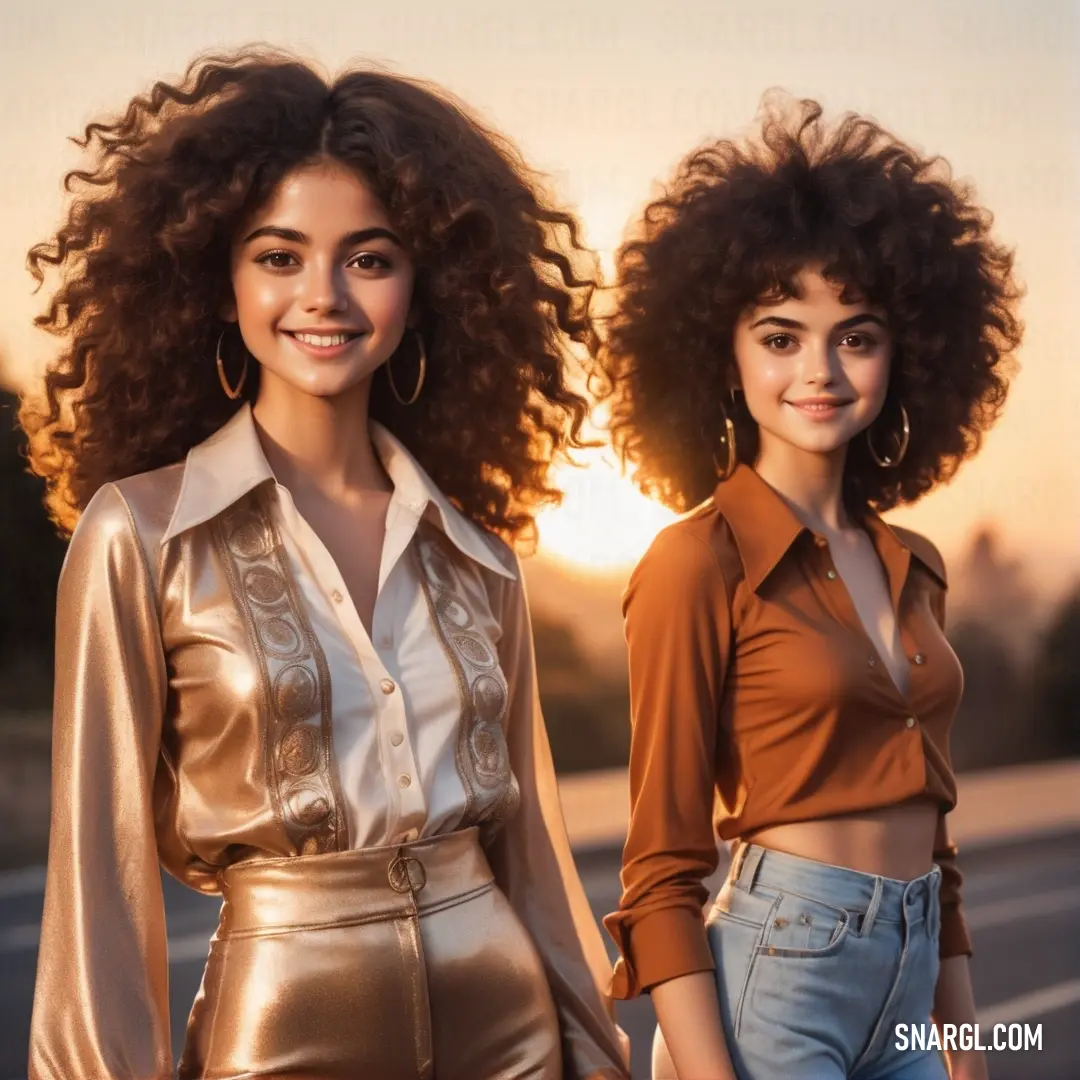 Two women standing next to each other near a road at sunset or sunrise with their hair in the air