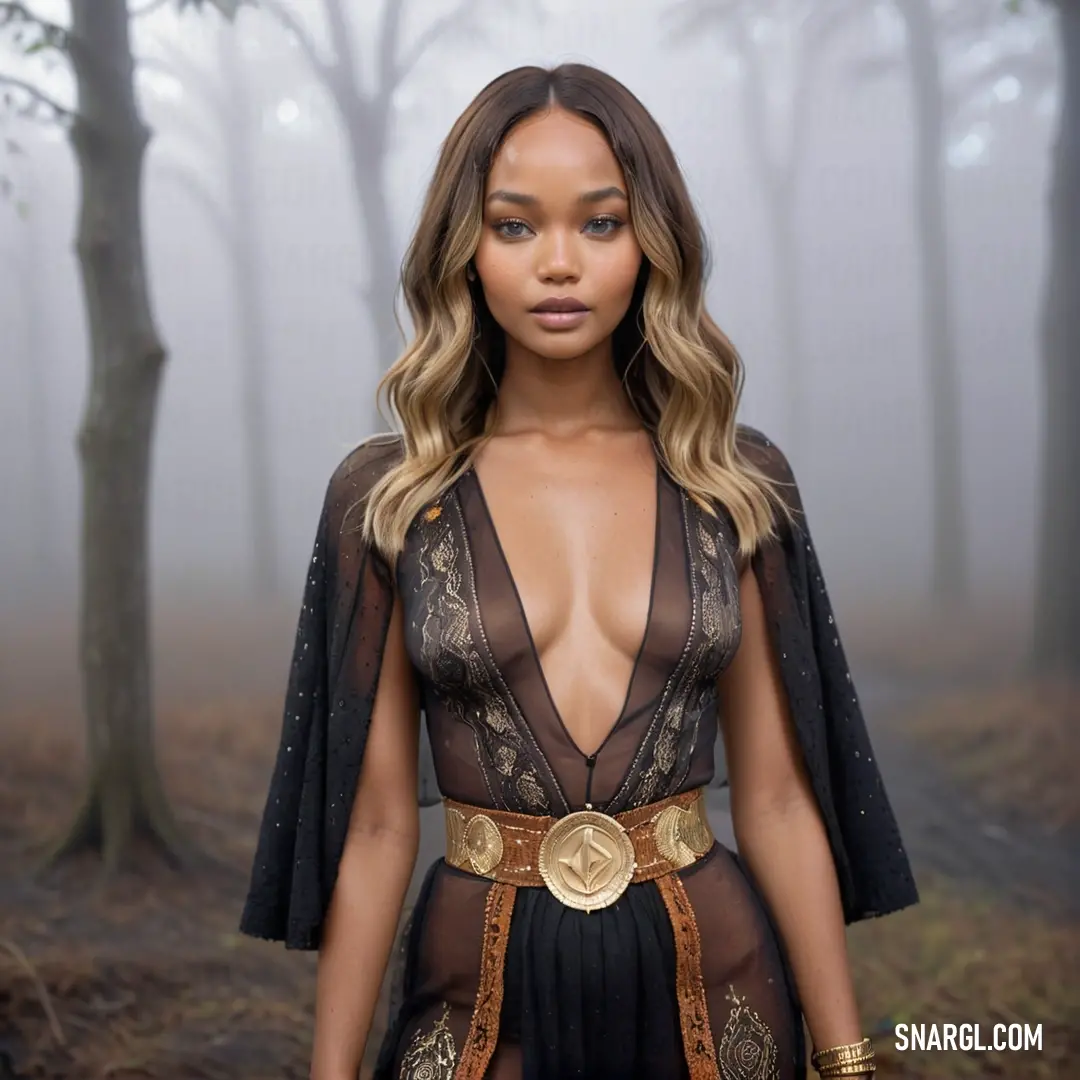 Woman in a black dress standing in a forest with trees and fog behind her is a gold belt