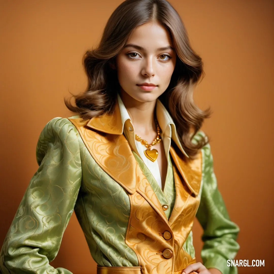 Woman in a green and yellow jacket and dress with a gold necklace