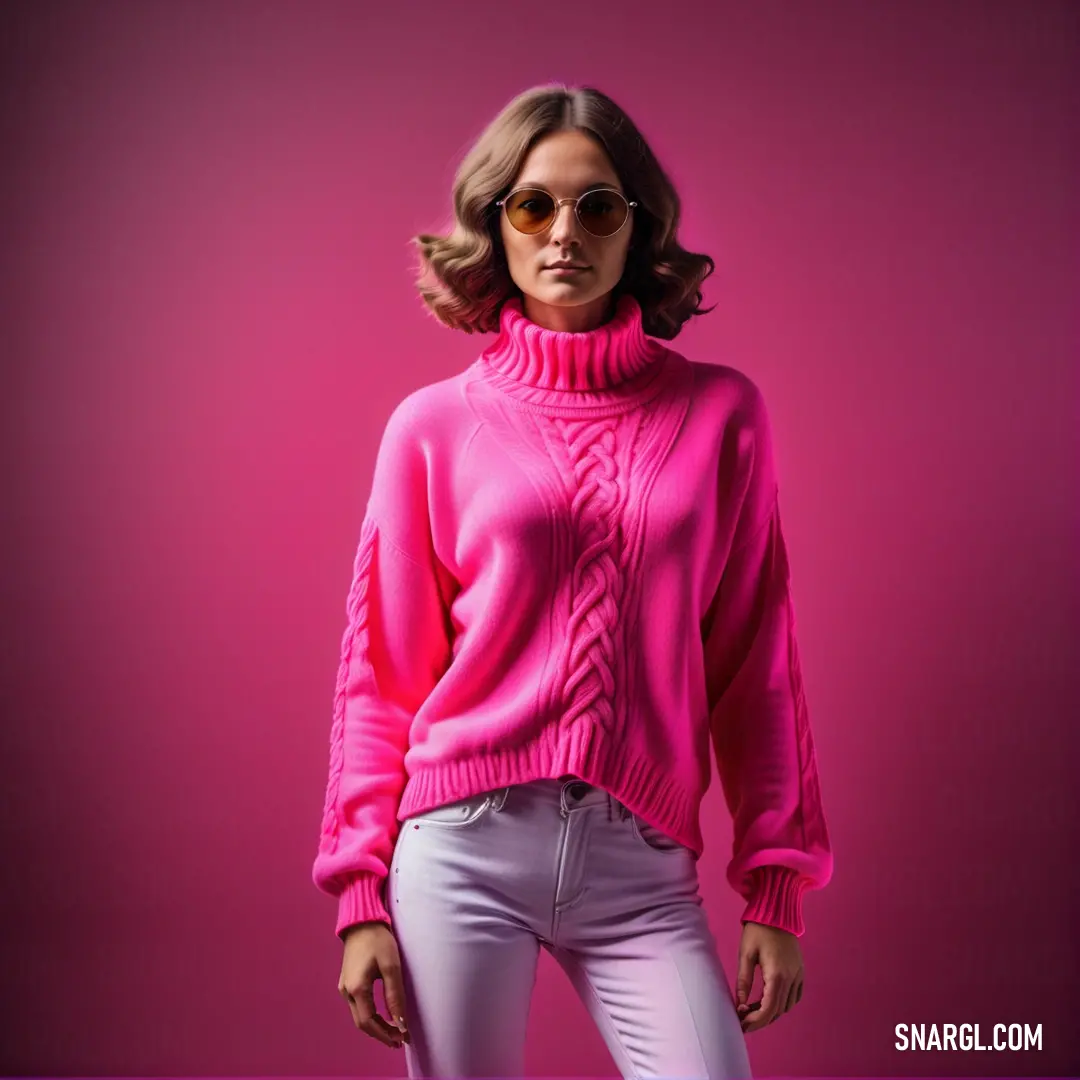 Woman in a pink sweater and sunglasses posing for a picture in front of a pink background