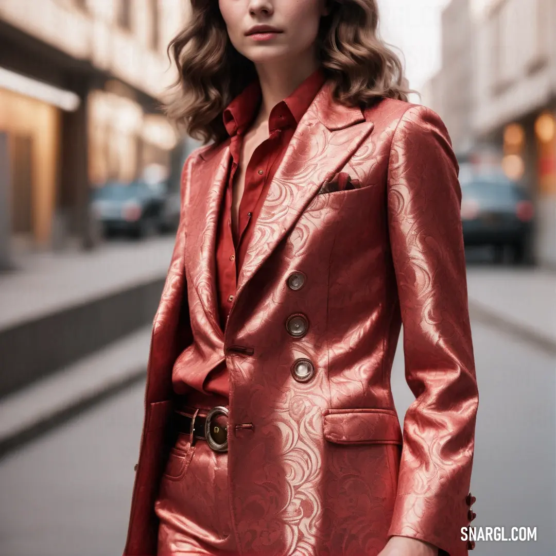 Woman in a red suit and red shoes standing on a street corner with a city street in the background