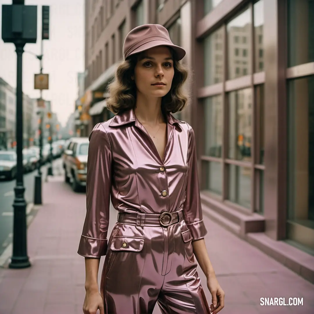 Woman in a shiny pink outfit and hat on a city street with a traffic light in the background
