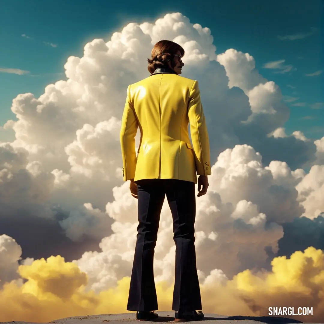 Woman in a yellow suit standing on a hill with clouds in the background