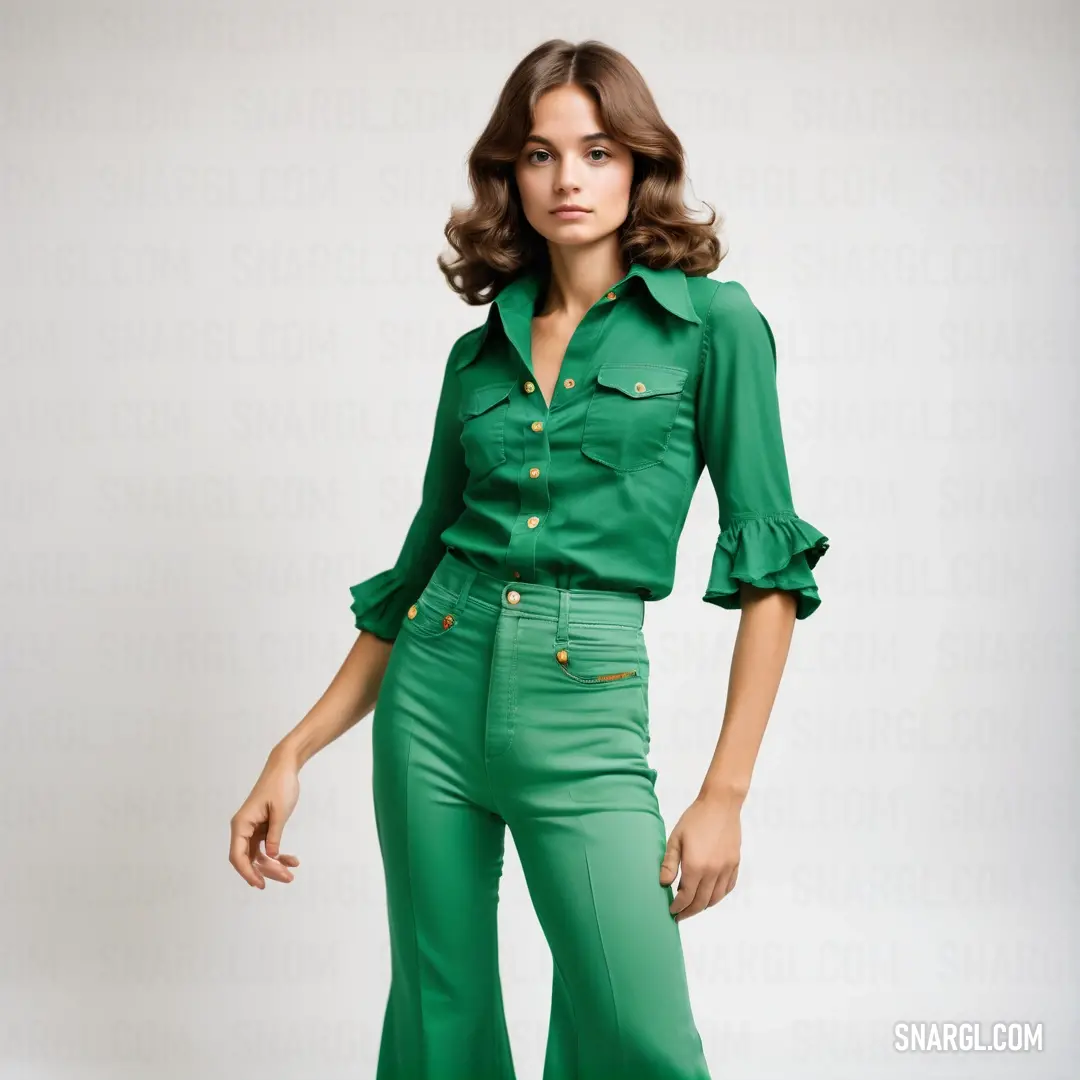Woman in green pants and a green shirt is posing for a picture with her hands on her hips
