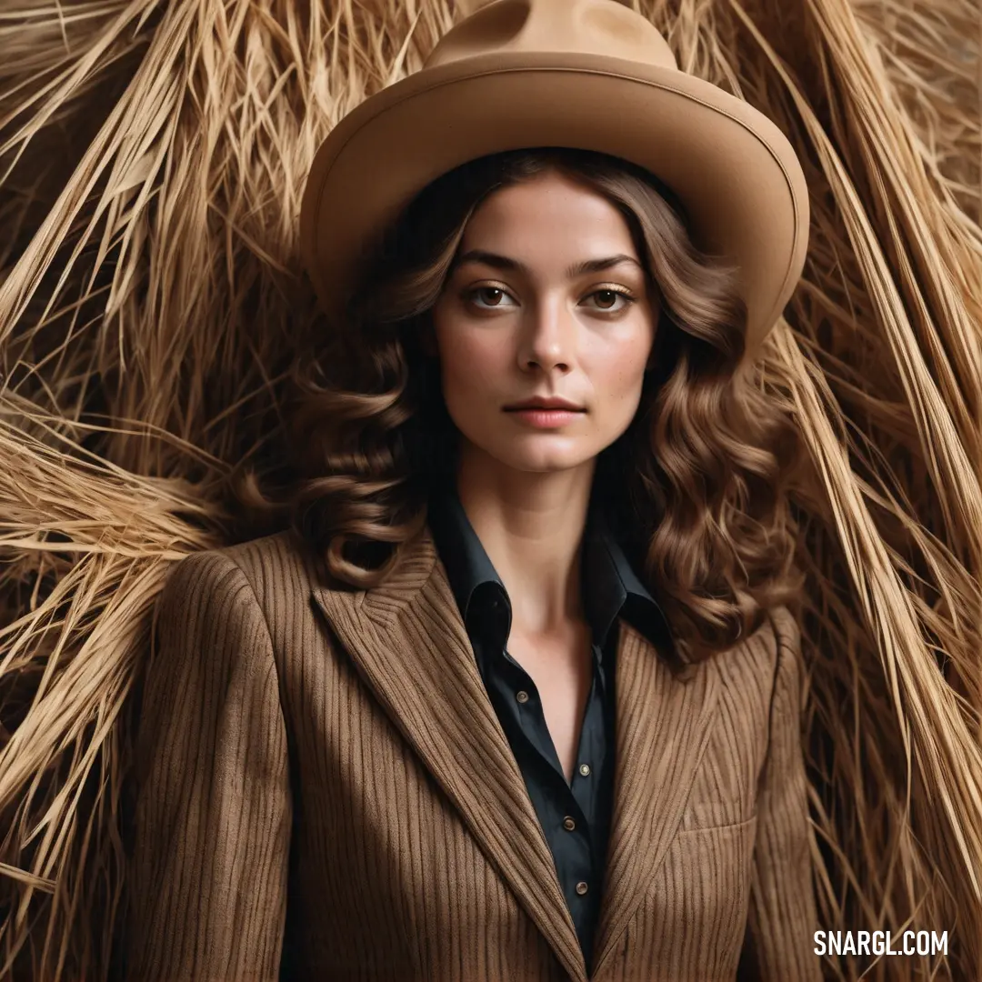Woman wearing a hat and a suit standing in front of a pile of hay with her hands on her hips