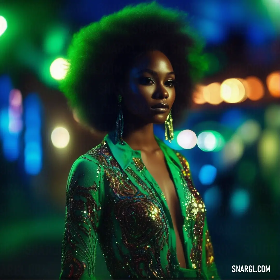 Woman with a green afro standing in the street at night with lights in the background