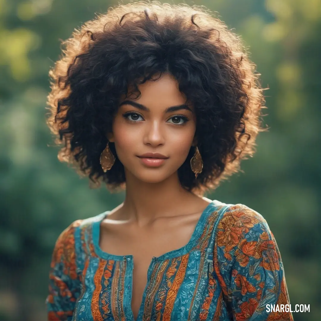 Woman with a short afro is posing for a picture in a park with trees in the background