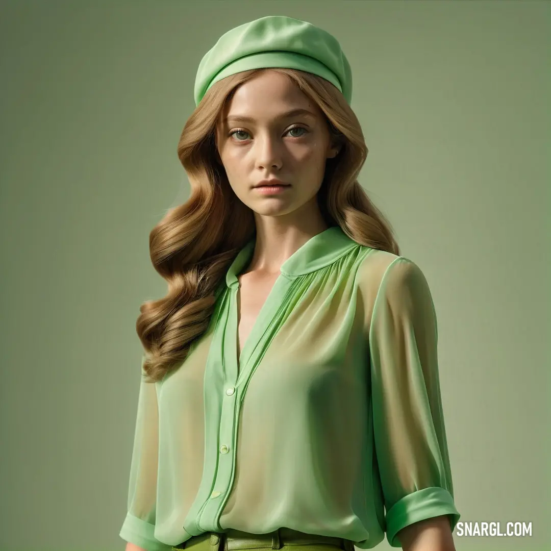 Woman with long hair wearing a green hat and green pants and a green blouse and a green hat