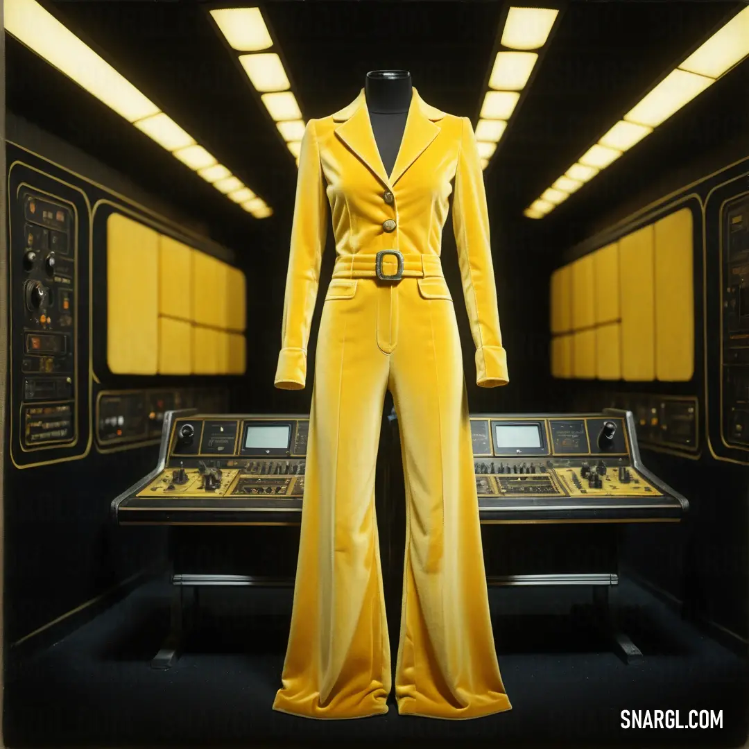Yellow suit and sound equipment in a room with lights on the ceiling and a black table with a keyboard